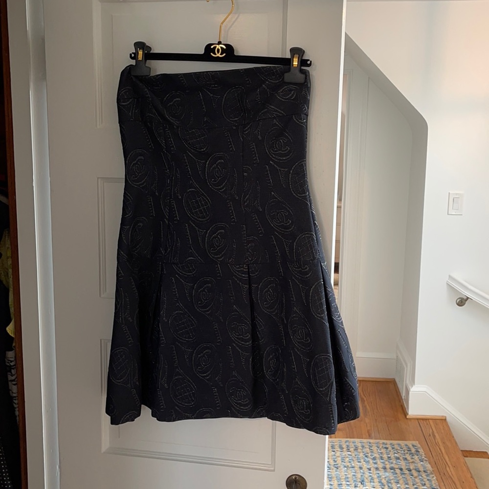 Chanel navy and silver metallic strapless tennis dress